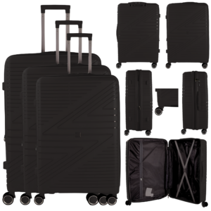 T-HC-PP-02 BLACK SET OF 3 TRAVEL TROLLEY SUITCASE