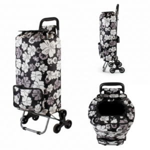 ST-09-FP BLACK WHITE FLOWER 6 WHEEL STAIR CLIMBER SHOPPING TROLL