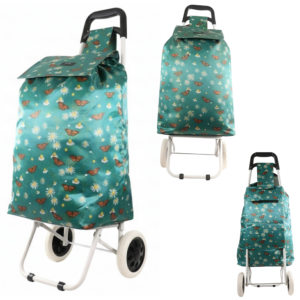 MS-001 TEAL TWO WHEEL SHOPPING CART BUTTEFLY AND FLOWER PATTERN